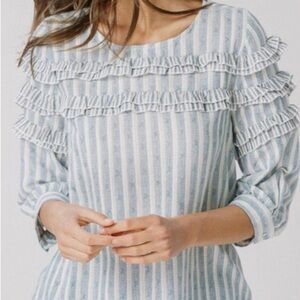 NWT Listicle Blouse Mini Ruffle Tiered Striped Linen 3/4 Sleeve Blouse